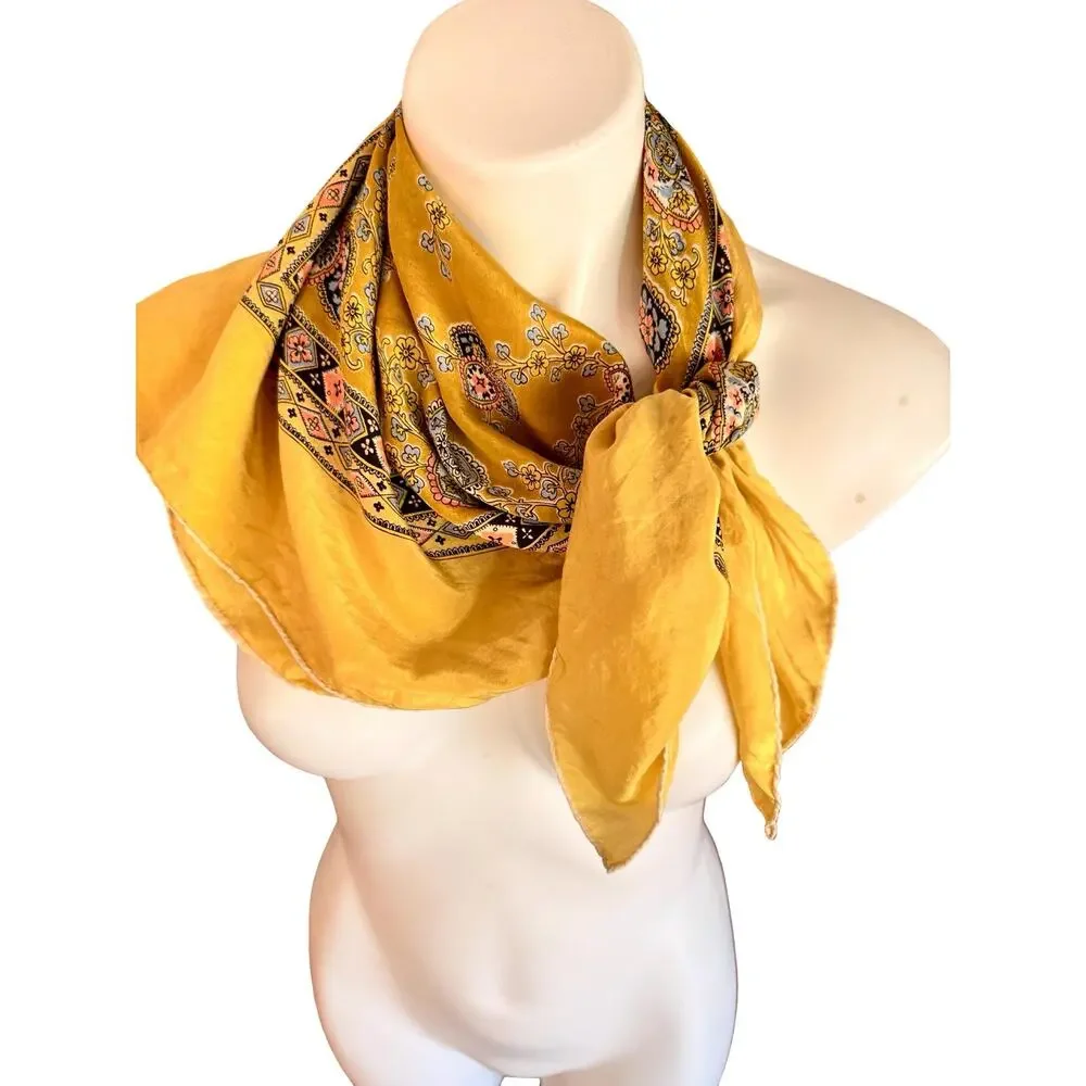 Vintage 1970s Silk Paisley Medallion Scarf Mustard Gold Floral Rolled 30
